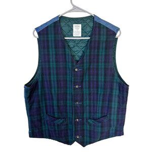 Old Navy Plaid Cotton Vest Navy Blue Green Quilted Womens XL